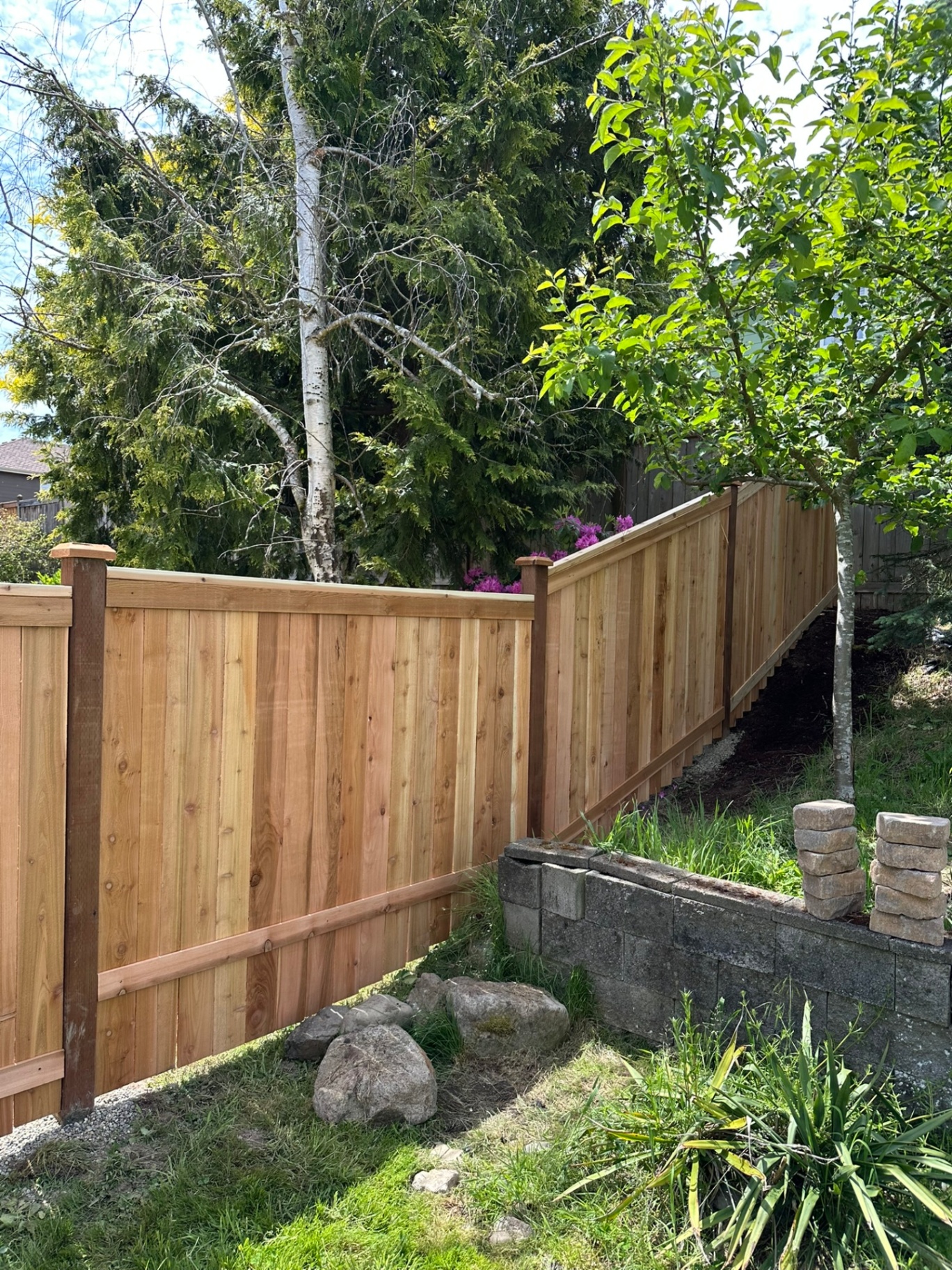 Long run of cap-and-trim cedar privacy fencing with stained corner posts stepping down a sloped backyard
